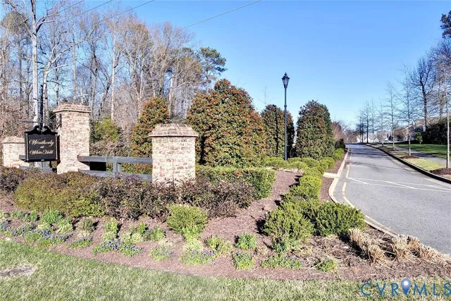 a view of a garden with large trees
