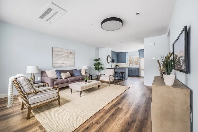 a living room with furniture kitchen view and a potted plant
