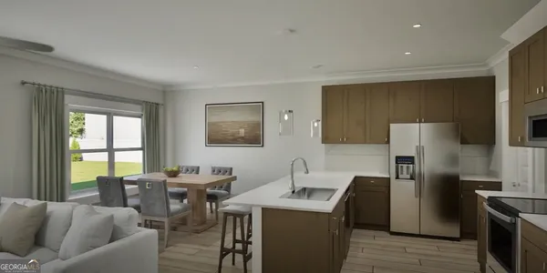 a living room with stainless steel appliances kitchen island granite countertop furniture and a window