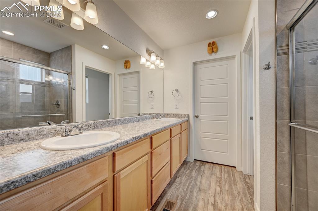 9642 Timberlake Loop Colorado Springs, CO 80927 - Photo 30 of 46 a spacious bathroom with a granite countertop sink a mirror and a shower