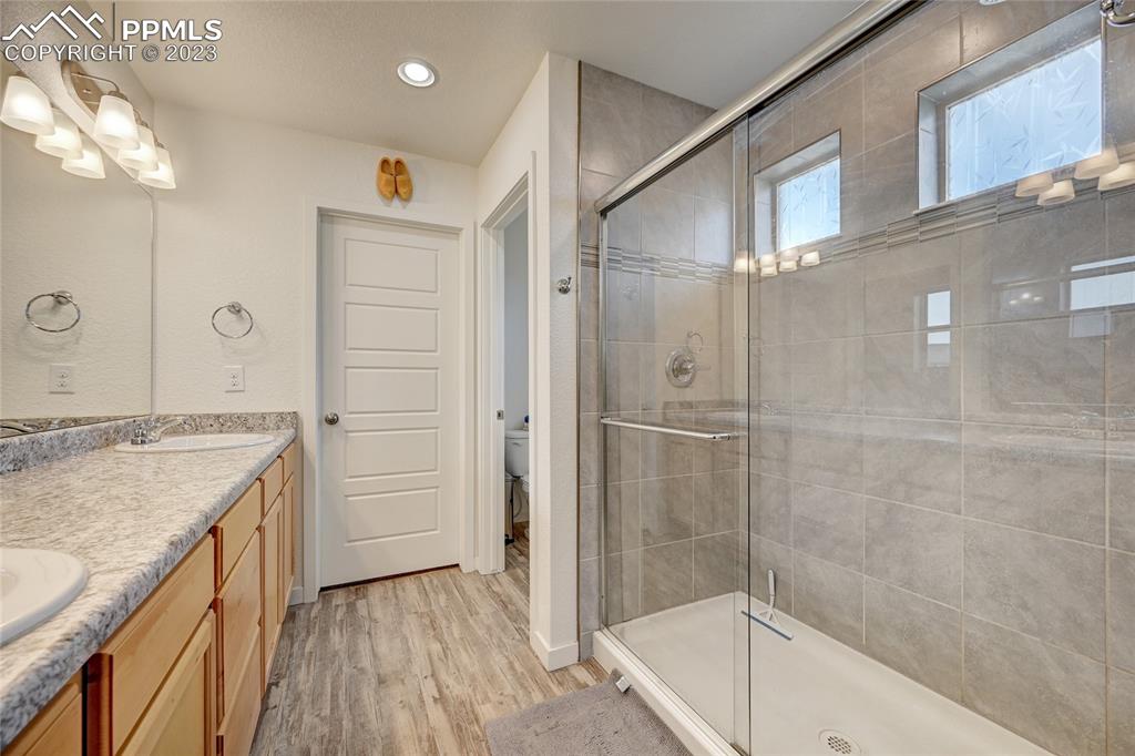 9642 Timberlake Loop Colorado Springs, CO 80927 - Photo 31 of 46 a bathroom with a granite countertop sink a mirror and shower