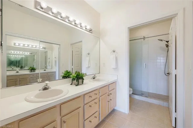 a bathroom with a double vanity sink mirror and shower