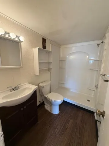 a bathroom with a sink a toilet and shower