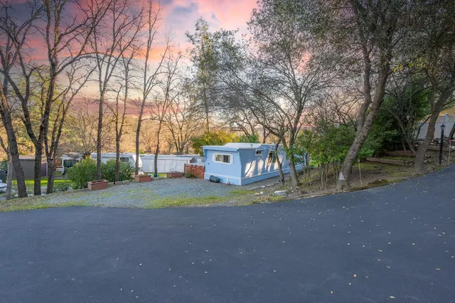 a view of a house with large trees and a big yard