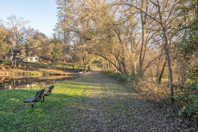 a view of yard with swimming pool and trees