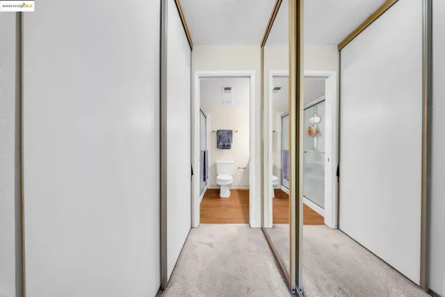a view of a hallway with large trees and refrigerator
