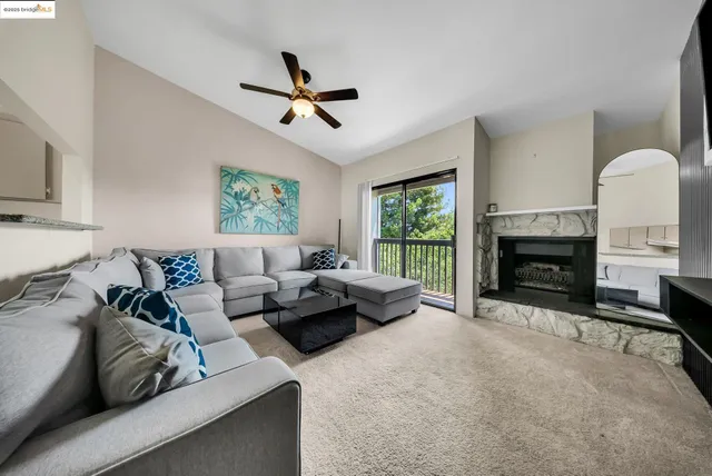 a living room with furniture and a fireplace