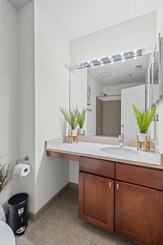 a bathroom with a sink and a potted plant