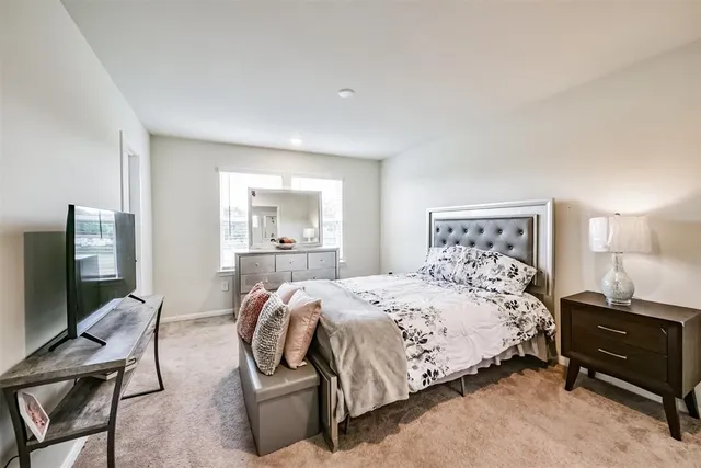 a bedroom with a bed and a flat screen tv