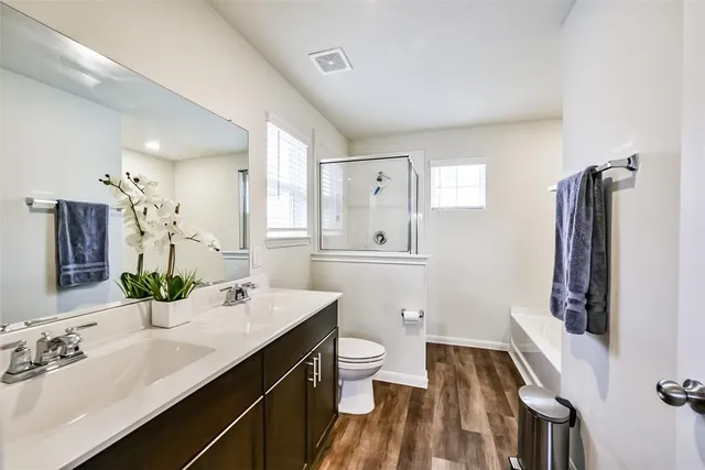 a bathroom with a double vanity sink toilet and shower
