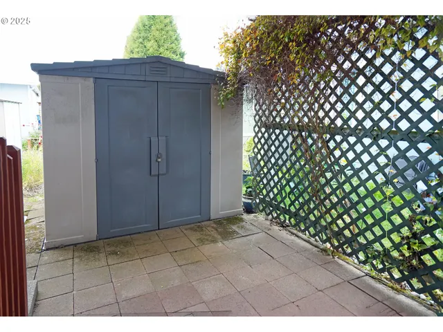 a view of backyard and wooden fence