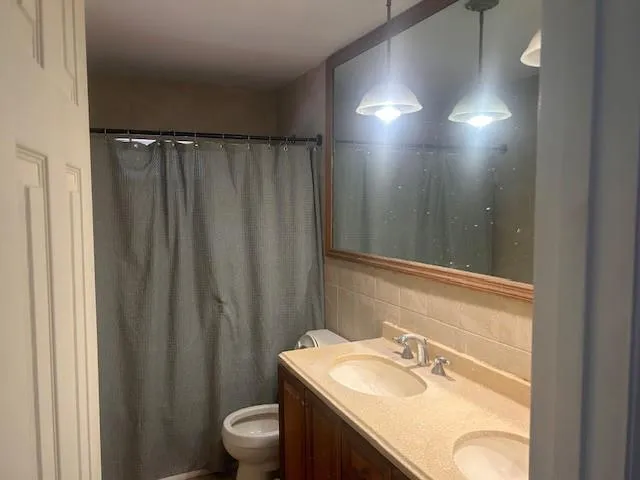 a bathroom with a sink vanity mirror and toilet