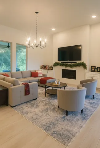 a living room with furniture a flat screen tv and a chandelier