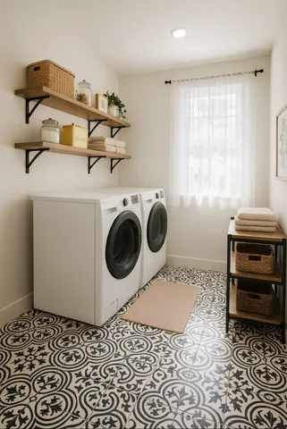 a utility room with sink dryer and washer