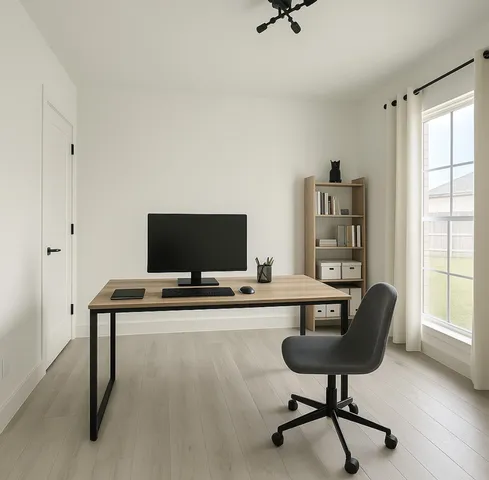 a view of a livingroom with workspace and a window