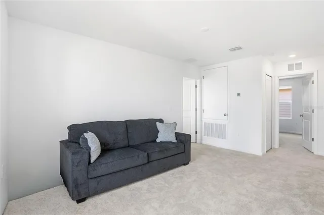 a living room with furniture and a walk in closet