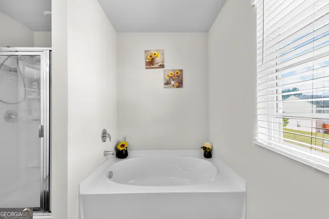 a bathroom with a tub and a window