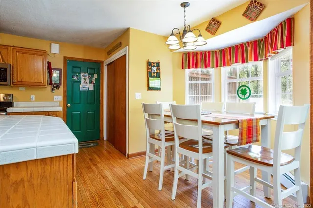 a view of a dining room with furniture window and wooden floor