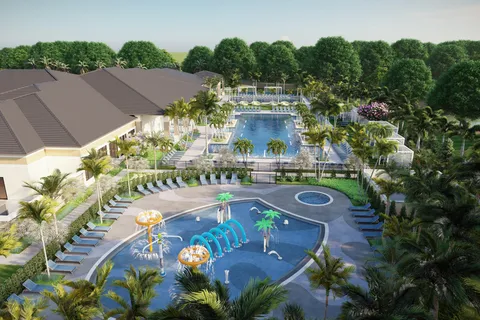 a view of a swimming pool with a garden