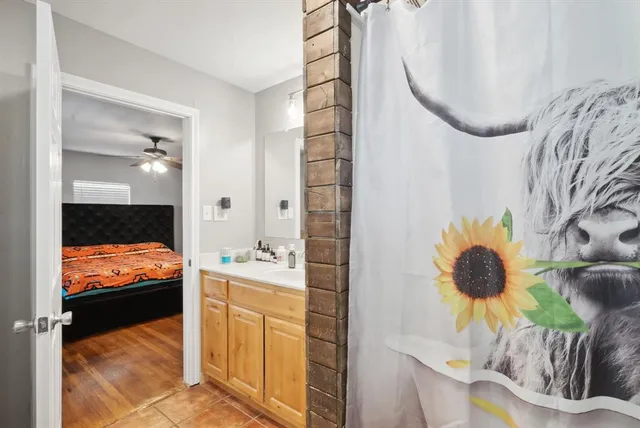 a bathroom with a sink and a mirror