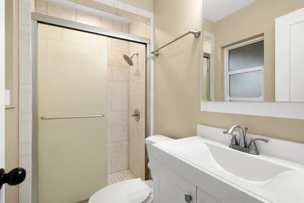 a view of a bathroom with a shower