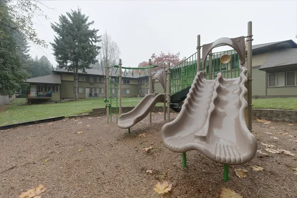 a view of a park with a slide