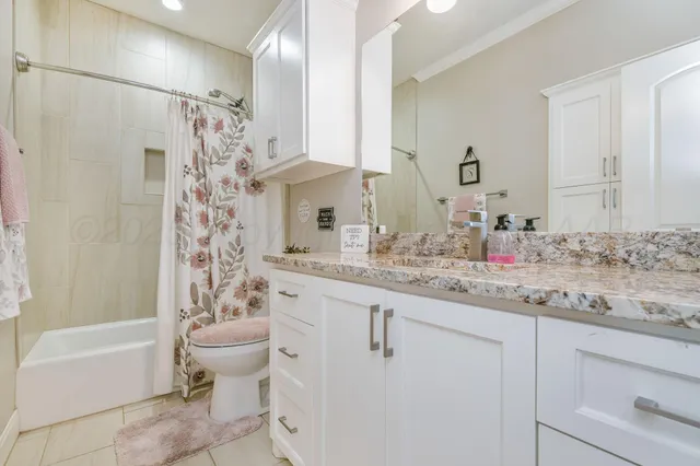 a bathroom with a granite countertop sink a toilet and a bathtub