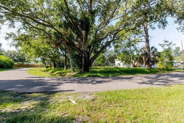 a view of a yard with swimming pool
