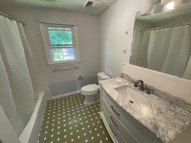 a bathroom with a double vanity sink toilet and a mirror
