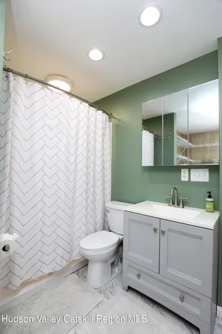 a bathroom with a sink toilet and mirror