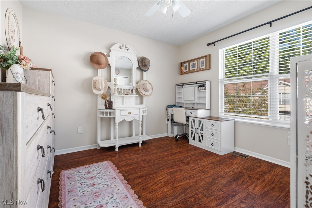 64 River Ridge Lane Munroe Falls, OH 44262 - Photo 15 of 25 Home office featuring dark wood-type flooring, a textured ceiling, and a ceiling fan