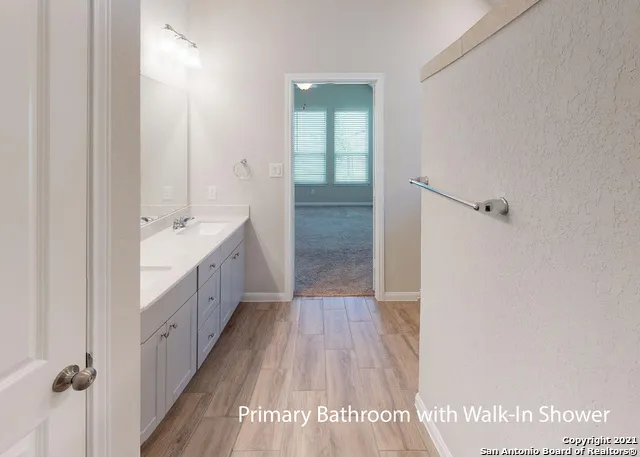 a bathroom with a sink a mirror and a shower