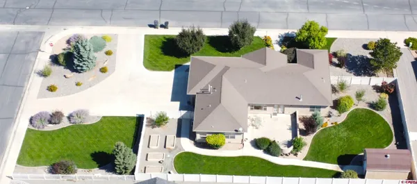 a aerial view of a house with a yard and potted plants
