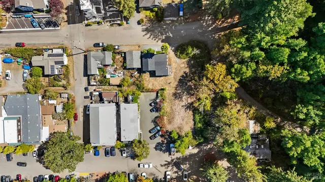 an aerial view of a house with a garden