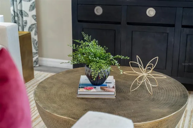 a view of a dining room with furniture and potted plant