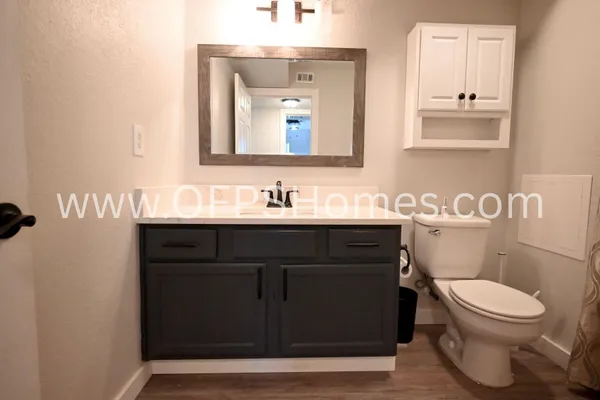a bathroom with a sink vanity and a toilet
