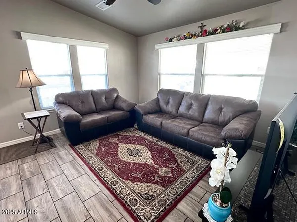 a living room with a large window