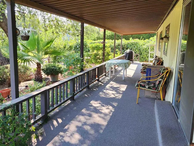 a view of a garden with an ocean