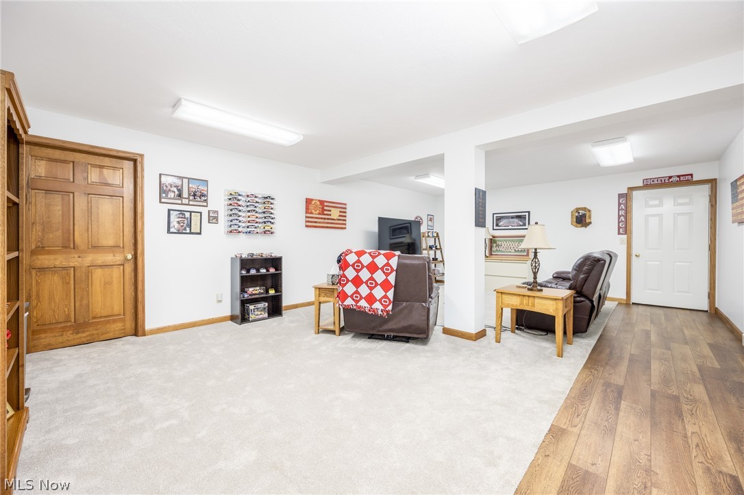 1602 Glendale Road, Unit 3 Marietta, OH 45750 - Photo 32 of 49 Lower level, spacious recreational/family area featuring carpeted flooring and wood-finish flooring, white walls, and recessed fluorescent lighting