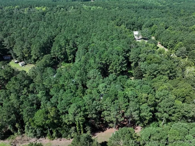 an aerial view of residential house with outdoor space and trees all around