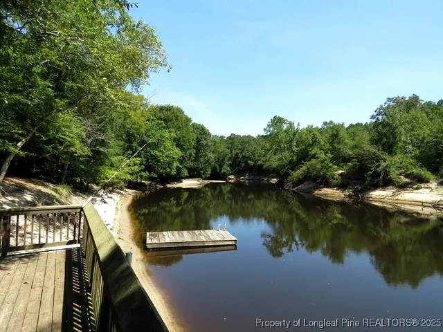 a view of a lake with boats and trees in the background
