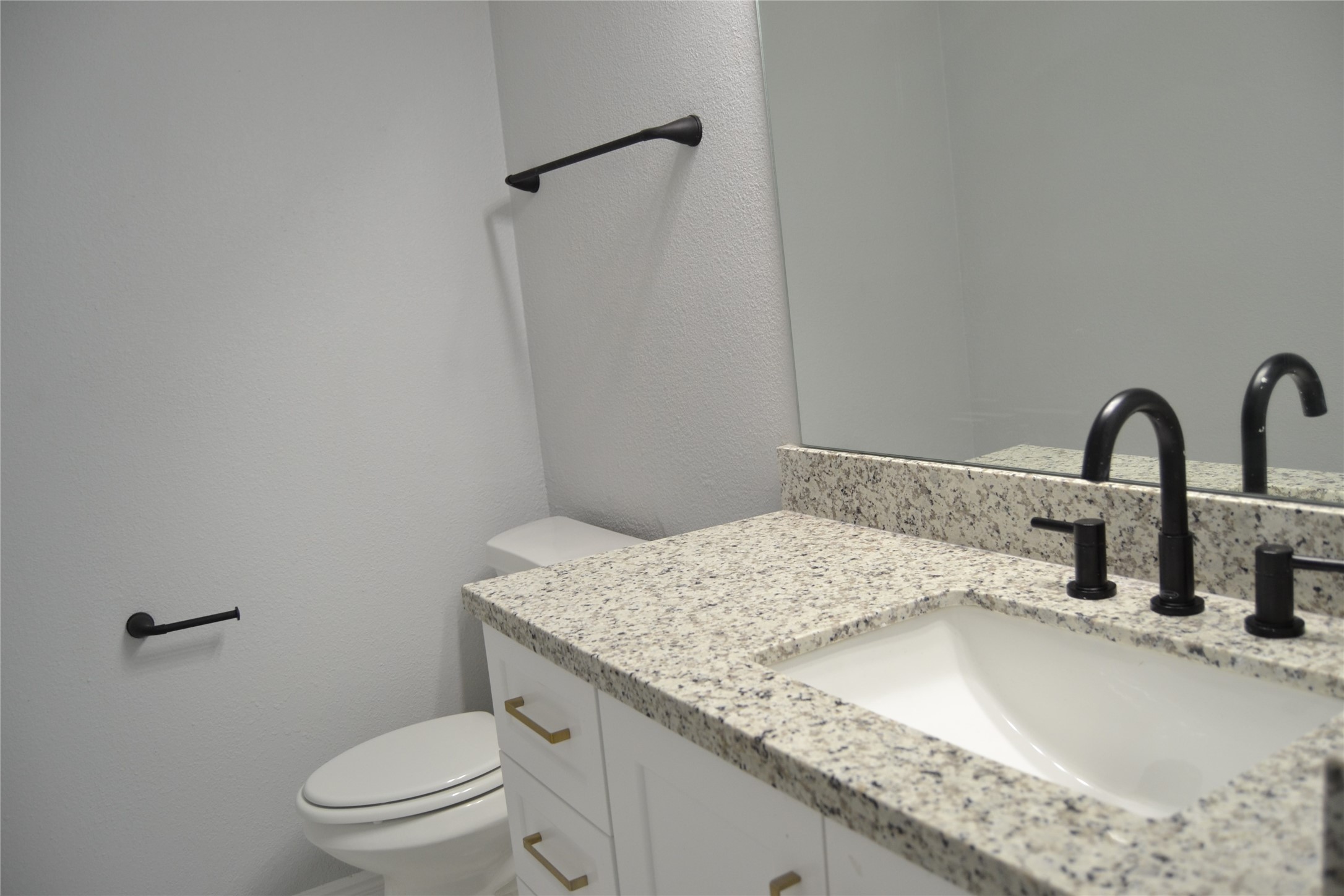 2242 Gray Hawk Lane Katy, TX 77449 - Photo 29 of 32 a bathroom with a granite countertop sink a toilet and vanity