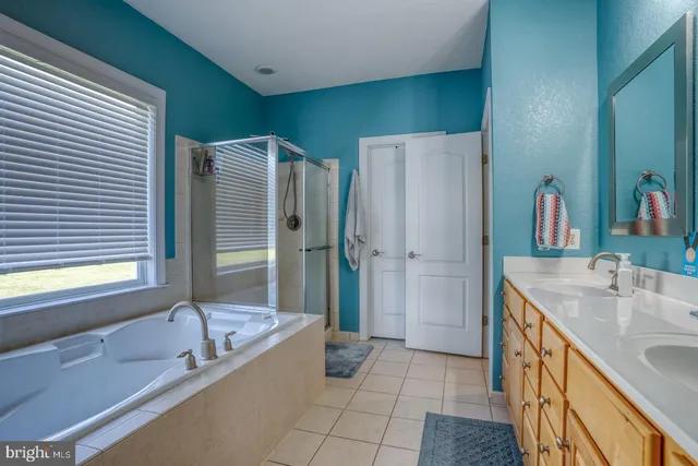 a bathroom with a tub sink and mirror