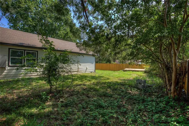 a backyard of a house with plants and large tree