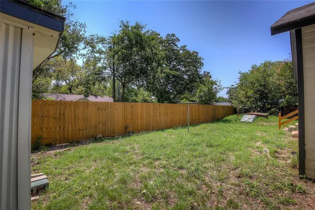 a view of a backyard with a plants and a large tree