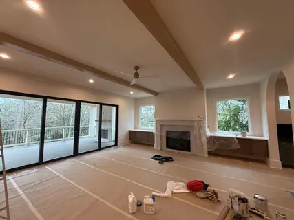 a room with furniture and a fireplace