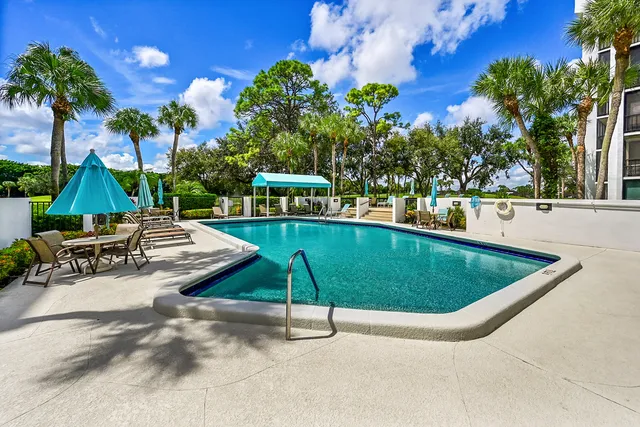 a view of a swimming pool with a patio and plants