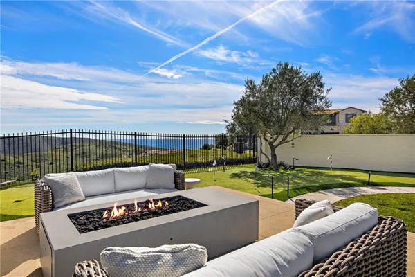 a view of a backyard with couches plants and large trees