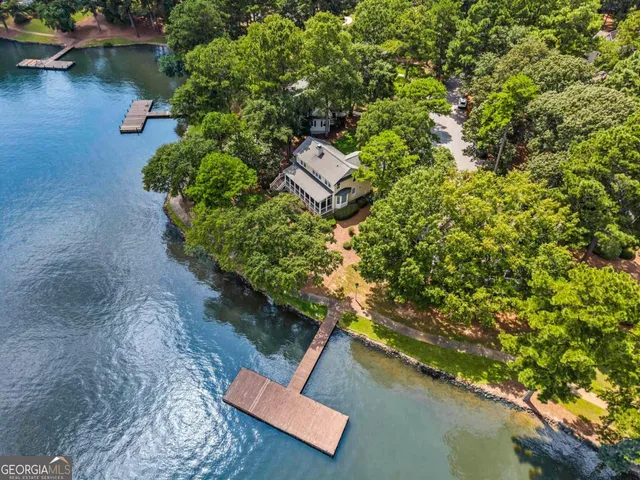 an aerial view of a house with a yard and plants
