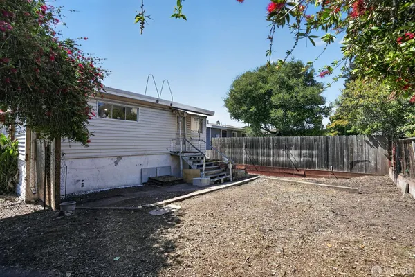 a backyard with wooden fence and a large tree
